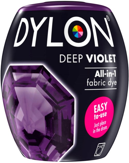 Dylon Deep Violet textilfärgburk med en bild av en lila ädelsten och lättanvänd etikett.