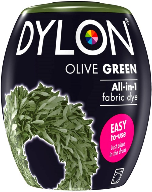 En flaska med DYLON Olive Green tygfärg med ett lövigt mönster och färgglatt logotyp, märkt som enkel att använda.
