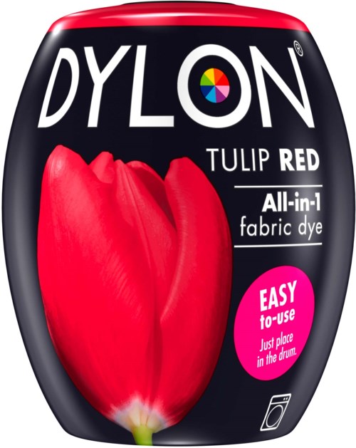 En förpackning av DYLON Tulip Red tygfärg med en tegelstensillustration.