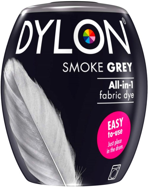 DYLON Smoke Grey tygfärgflaska med en fjäderbild och färgglad logotyp. Den är lätt att använda för allt-i-allo-färgning.