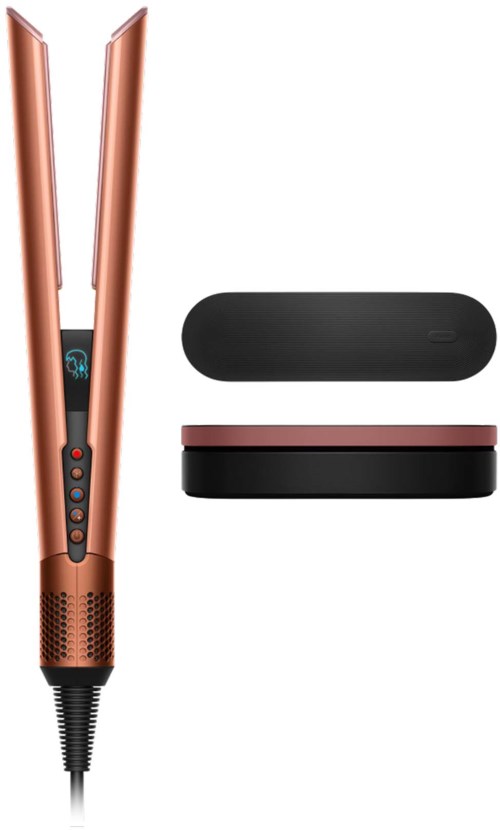 Drei Haarstylinggeräte und zwei Aufbewahrungsbehälter, alle in Schwarz und Roségold.