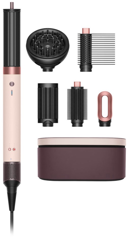 Ein rosa und schwarzer Lockenstab mit mehreren Aufsätzen zum Frisieren der Haare.