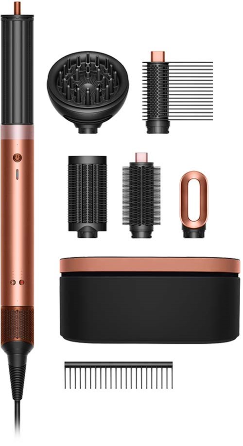 Ein Haarstyling-Gerät mit mehreren Aufsätzen, einschließlich Bürsten, Kämmen und Aufbewahrungsbox.