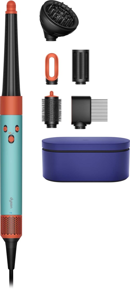 A hot air styler with various attachments and a blue storage case.