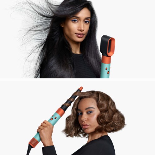 Two women with different hairstyles hold hair tools, one with straight hair, the other with curly hair, against a white background.