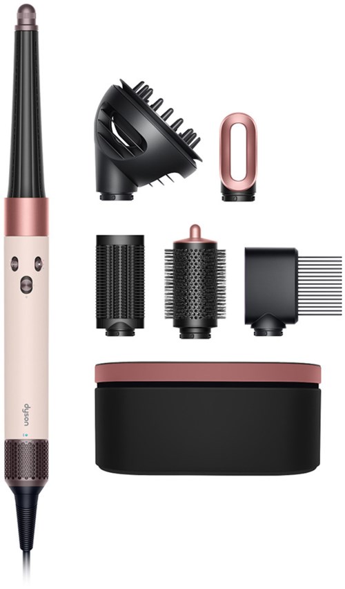 A hair styler with multiple attachments including brushes and a storage case.