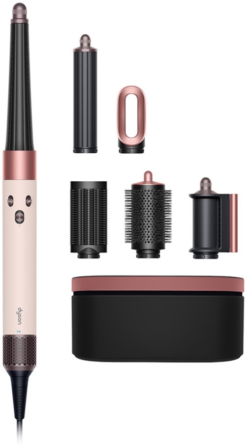 A cordless hair styling tool with various attachments, including a hairbrush, curling reed, and a storage case.