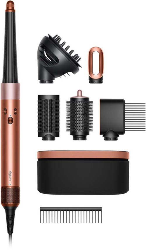 Ein rosa-schwarzer Haartrockner mit verschiedenen Aufsätzen zum Locken, Glätten und Trocknen der Haare.