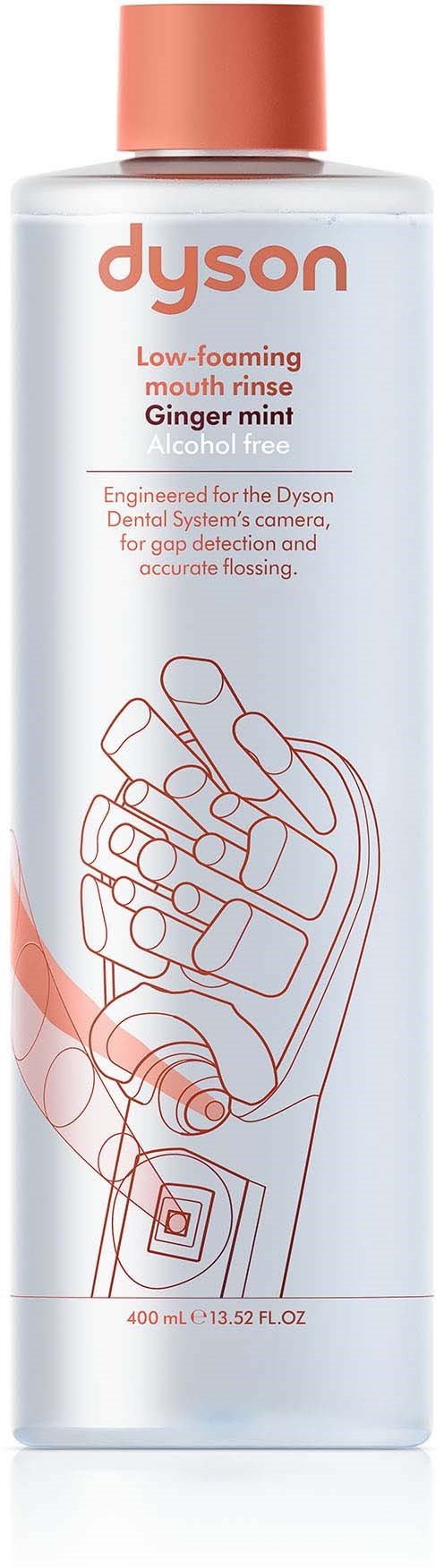 A tall, clear bottle with a coral cap, labeled Dyson ginger mint mouth rinse, showing an outline of a hand holding the bottle.