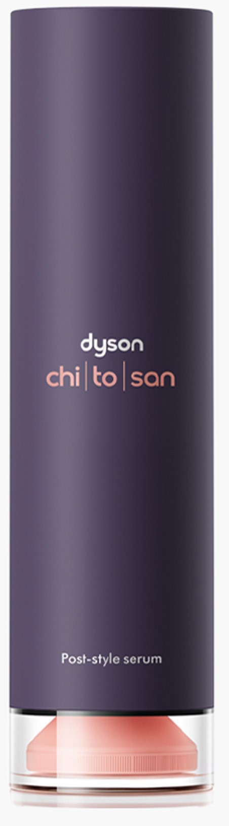 Eine lange lila Flasche mit Dyson-Logo und Text 'chi|to|san Post-style serum'.