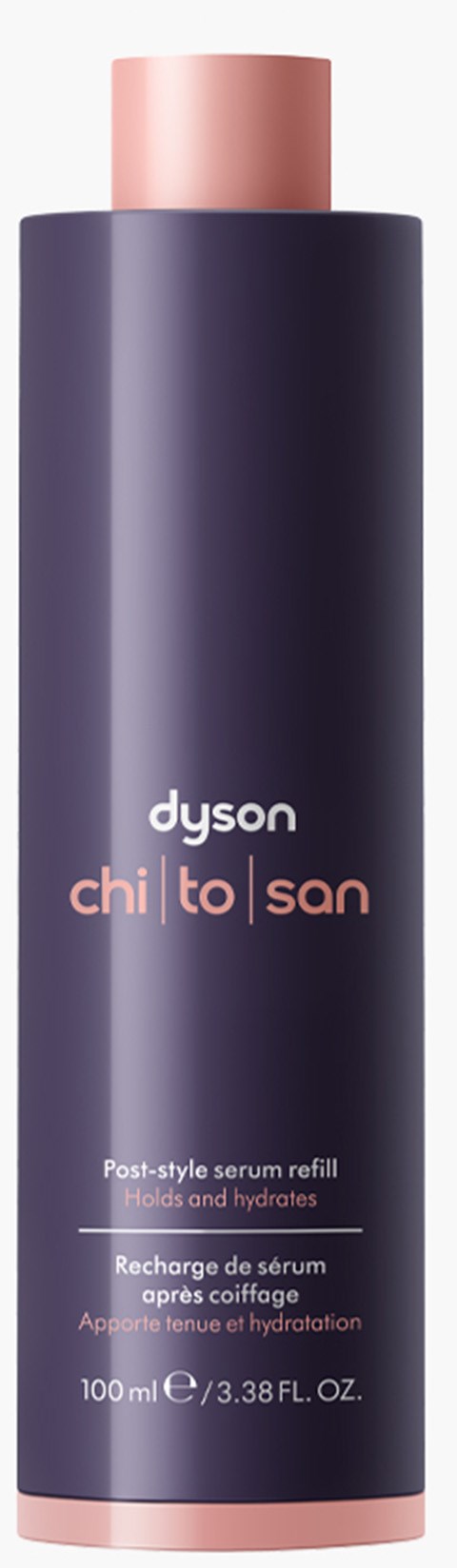 Lange dunkle Flasche mit rosafarbenem Deckel, beschriftet 'dyson chilto san', Haarserum, 100 ml.