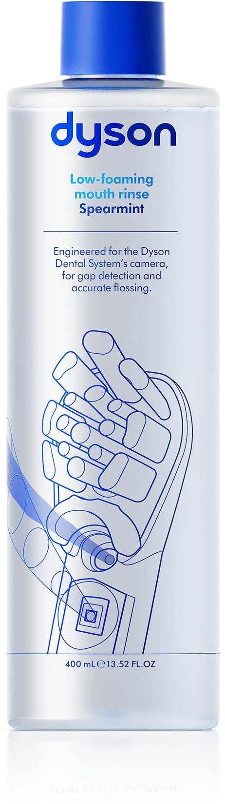 A tall clear bottle of Dyson low-foaming mouth rinse with a blue cap and a simple line drawing of a hand holding a toothbrush.