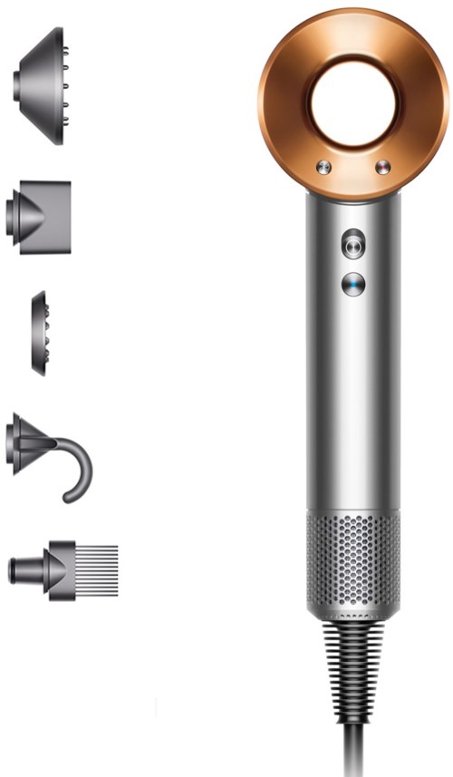 Ein Dyson-Haartrockner mit mehreren Aufsätzen und in Silber- und Kupferfarbe.
