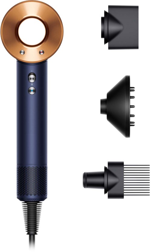 A blue hairdryer with three different attachments: a round one, a wide one, and a narrow one with sticks.