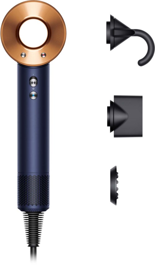 A Dyson Supersonic hair dryer with four magnetic attachments for styling.