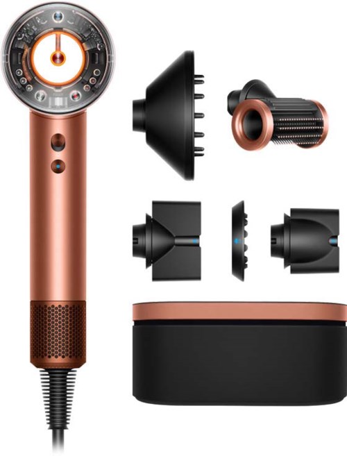 A hairdryer with various attachments and a storage case, all in black and rose gold colors.