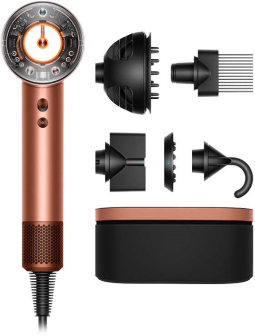A hair dryer with various attachments and a black storage case, rose gold color, sleek design, multiple nozzle types.