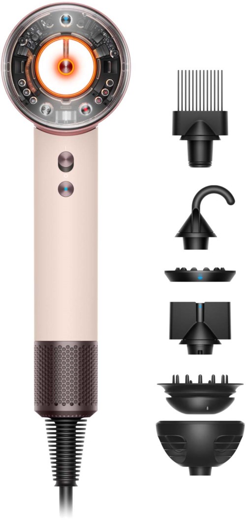 A hair dryer with various attachments, including a diffuser, concentrator, and styling tools.