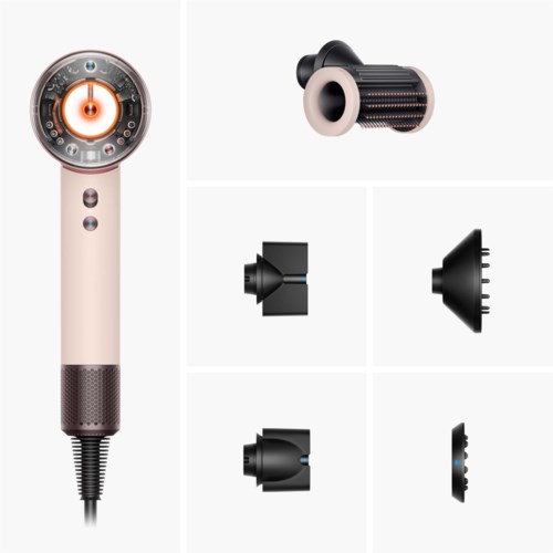 A hair dryer with various attachments and a rotating brush for styling hair.