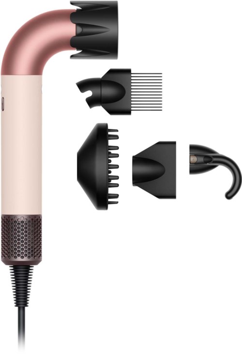 A hair dryer with four removable attachments for styling, drying, and curling hair.