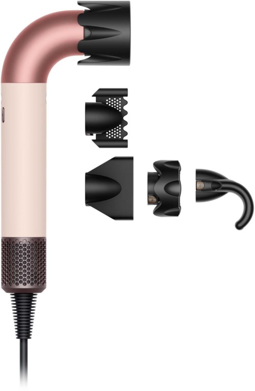 A hair dryer with detachable attachments, including a nozzle and multiple diffuser accessories, displayed separately.