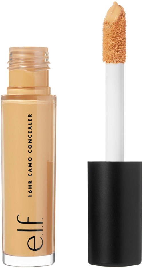 Beige peitevoide, jossa valkoinen levitin ja musta kansi. Teksti: "16HR CAMO CONCEALER".