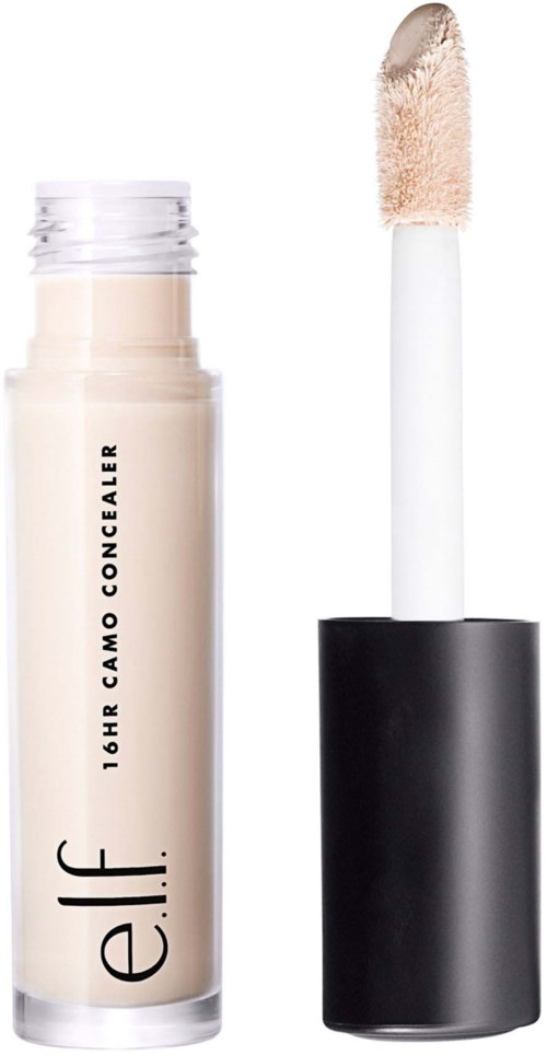 Peiteaine, jossa on sieniapplikaattori ja musta korkki, merkitty "16HR CAMO CONCEALER" valmistaja e.l.f.