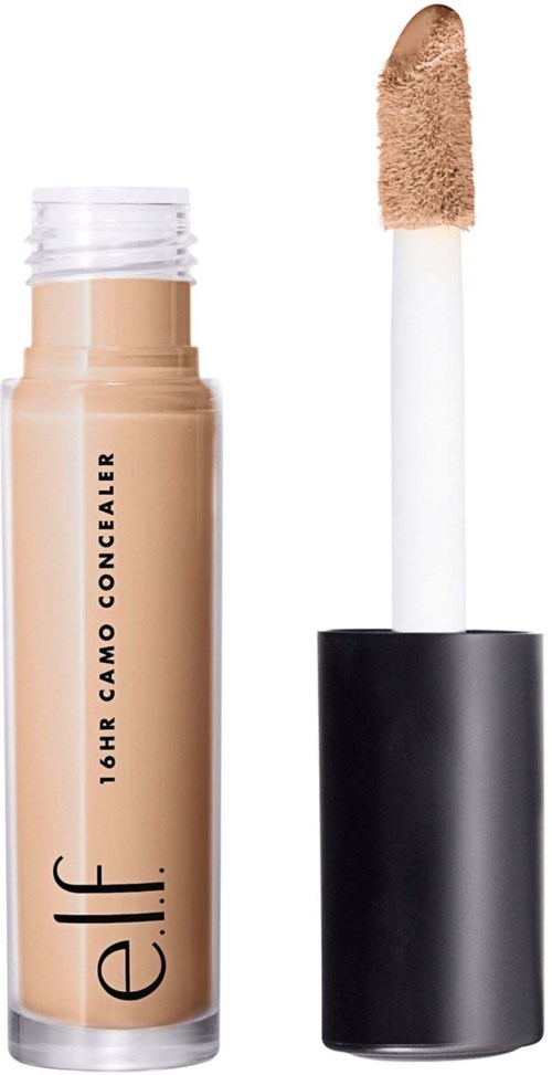 Peitevoide applied with applicator, beige color, labeled 'e.l.f. 16HR CAMO CONCEALER.'