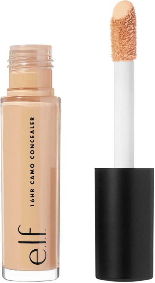 Peitevoideputki, jossa on sieniapplikaattori, ja merkitty '16HR CAMO CONCEALER,' esittää tuotteen neutraalissa sävyssä.