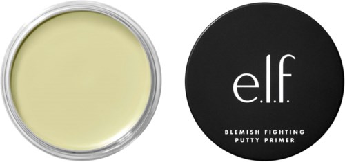 En liten burk med gulaktig ansiktsprimer med svart lock märkt "e.l.f. Blemish Fighting Putty Primer."