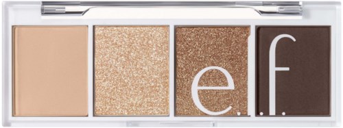 A makeup palette has four shades: beige, glittery gold, brown glitter, and dark brown with 'e.f.' logo.