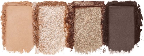 Four different shades of eyeshadow in beige, glittery, light brown, and dark gray colors shown in a row.