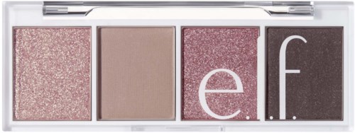 Pieni meikkipaletin, jossa on neljä sävyä: pinkki glitter, beige, pinkki kimallus, tumman ruskea. "e.f" kirjaimet siinä.