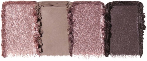 Neljän sävyä luomiväriä: vaaleanpunainen, beige, glitter-vaahtomaali ja tummanharmaa, vierekkäin.