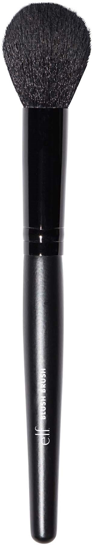 A makeup brush with a black handle and soft, fluffy bristles for applying powder or blush.