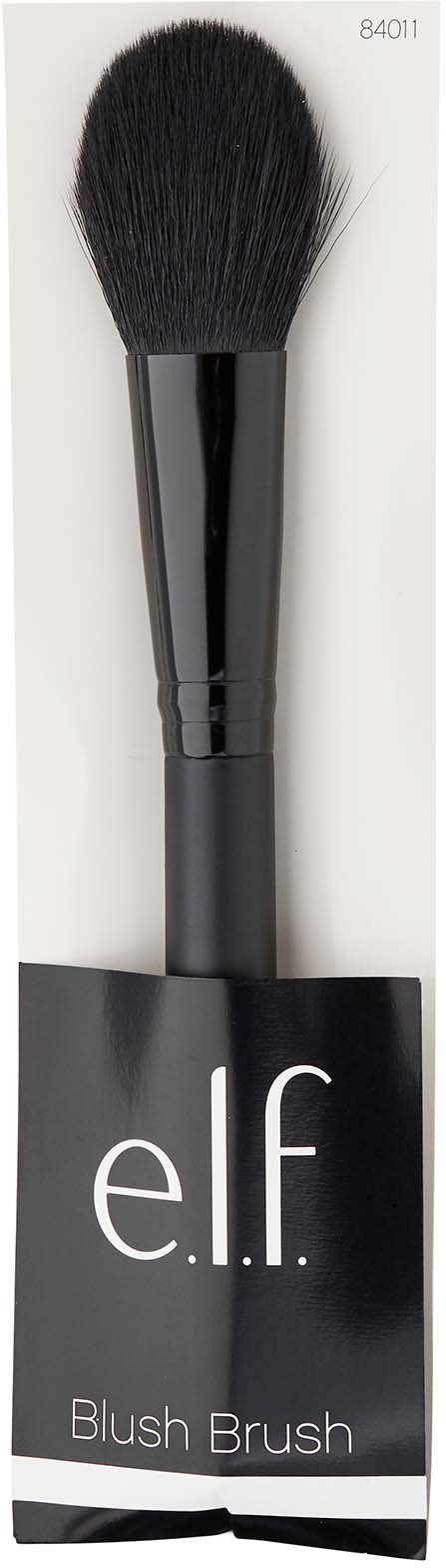 A makeup blush brush with a black handle and soft bristles, labeled 'e.l.f. Blush Brush' on the package.