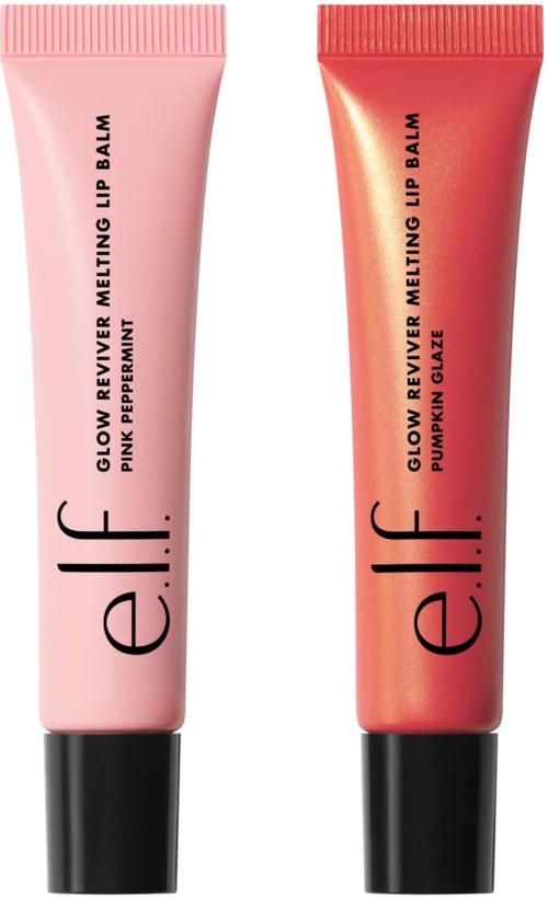 Två tuber av e.l.f. glow reviver melting lip balm, en pink pepparmint och en pumpa gouge, med svarta lock.