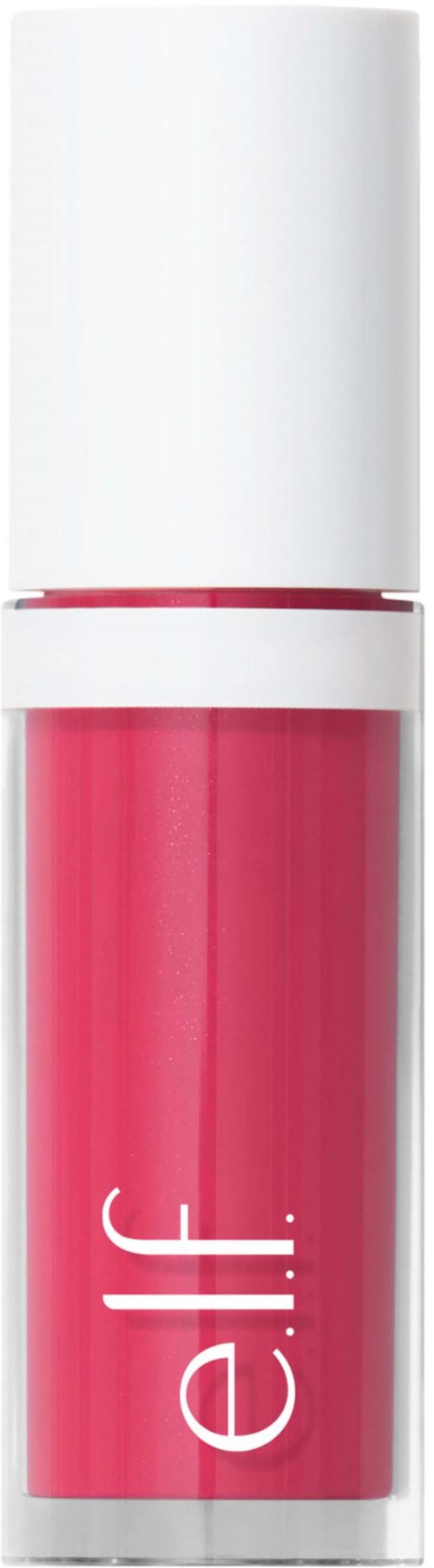 Pink lip gloss tube with white cap and the brand name 'e.l.f.' written vertically.