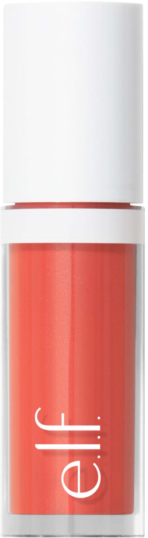 A coral-colored lipstick tube with a white cap labeled 'elf'.