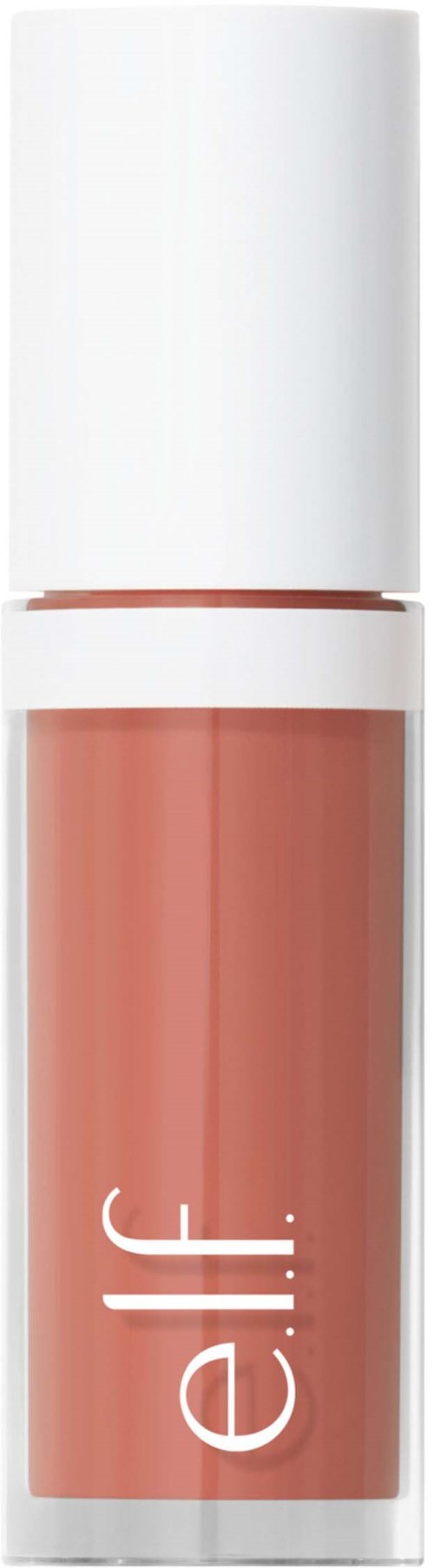 A coral-colored lip gloss in a clear tube with a white cap and the brand name 'e.l.f.' on it.