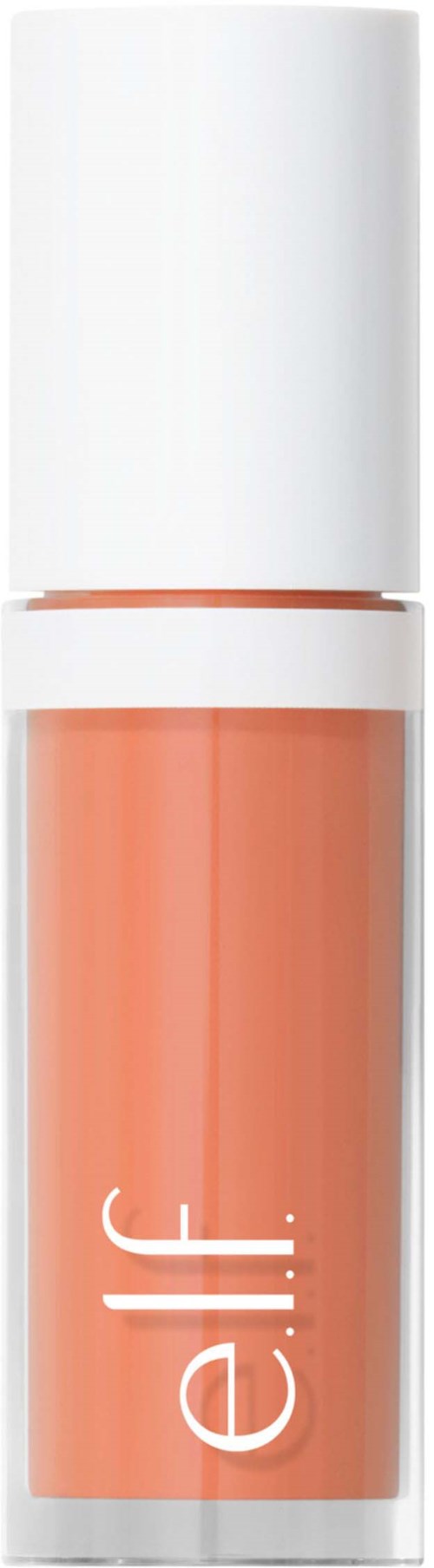 A tube of coral-colored lip gloss with a white cap and "elf" written vertically on the bottle.