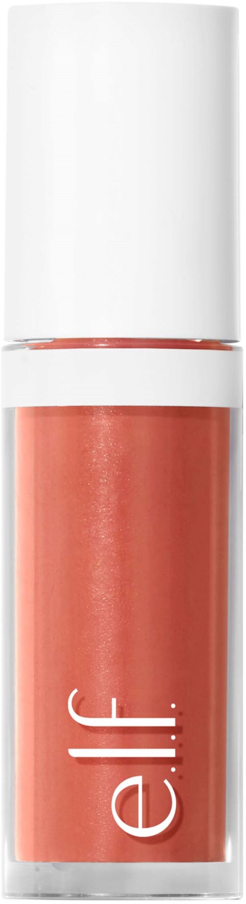 A coral-colored lip gloss tube with a white cap, labeled 'e.l.f.' on the bottle.