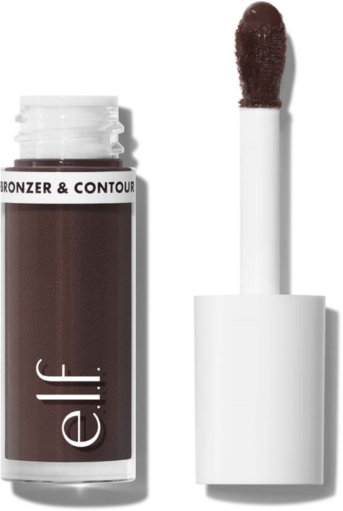 Ruskea peiteväriouli, jossa on valkoinen korkki ja applikaattorinauha vieressään. Teksti lukee "Bronzer & Contour".