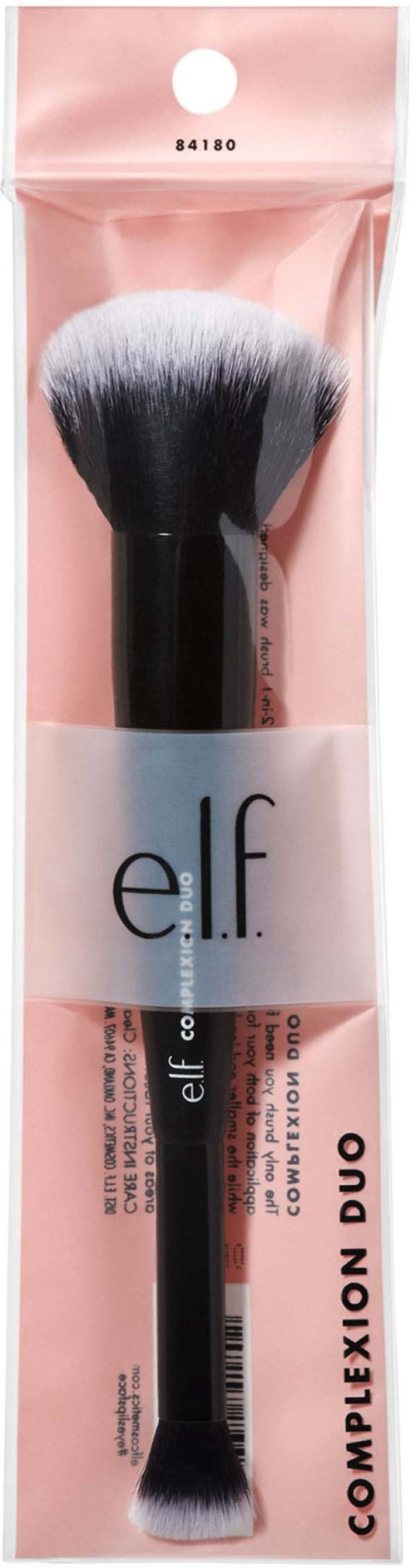 En makeupborste i rosa förpackning märkt 'e.l.f' och 'Complexion Duo'.