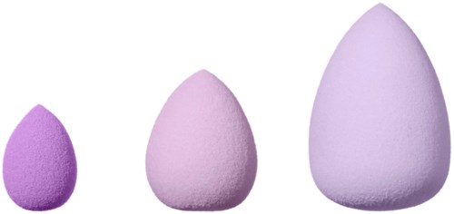 Three different size makeup sponges in shades of purple, arranged from small to large on a white background.