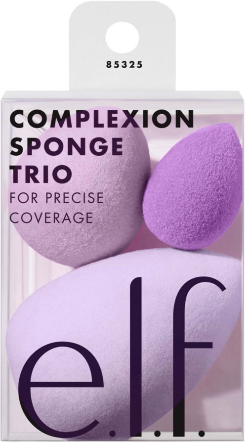 Box of three makeup sponges in purple shades for precise coverage.