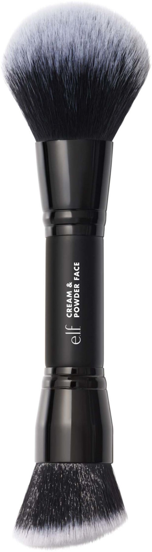 En makeupborste med svarta och vita borst och svart handtag, märkt 'elf, Contour Powder Brush.'