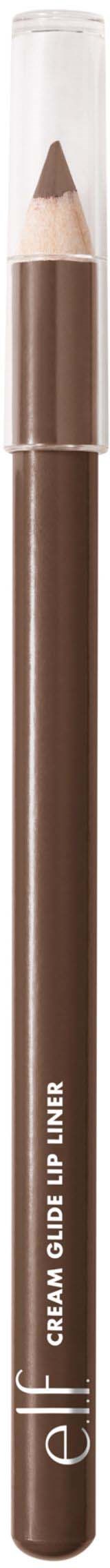 A brown eyeliner pencil with a clear cap on top and white text on the side.
