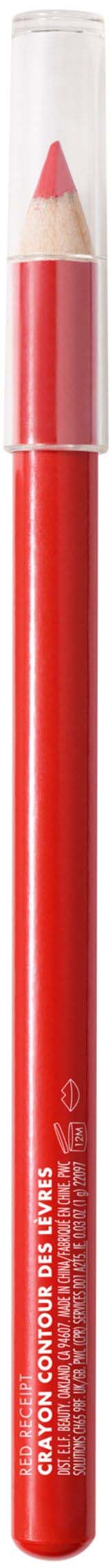 A red lip crayon with a clear cap, showing the sharpened tip and white text on the side.