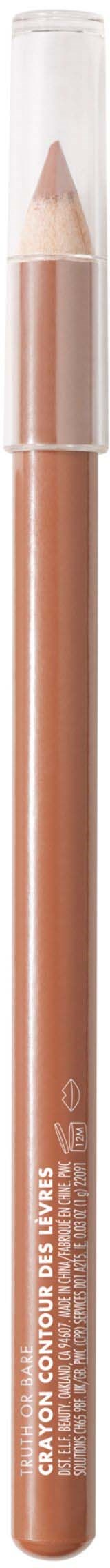 A pencil-shaped lip gloss stick with a transparent cap on top, showing a beige-colored gloss inside.